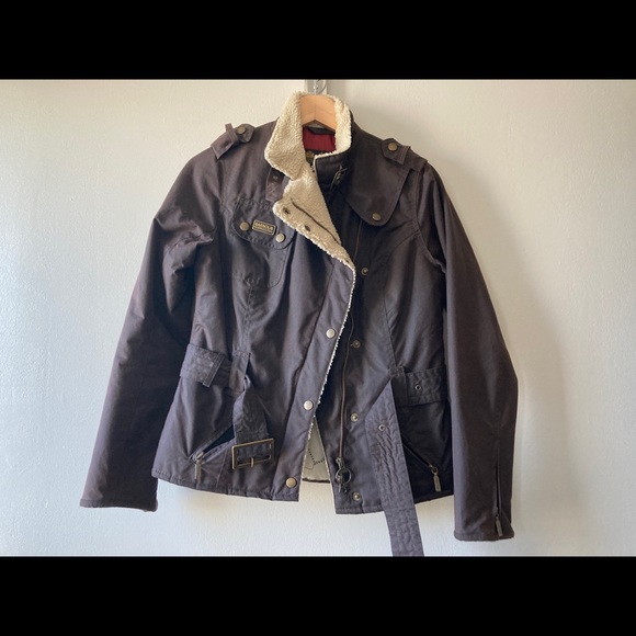 Barbour Int’l Waxed moto jacket map faux shearling lining US size 4 (Dark Brown) - Picture 2 of 7